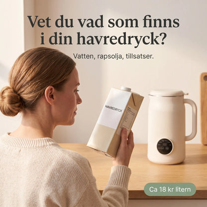 Vet du vad som finns i din havredryck? Vatten, rapsolja, tillsatser, ca 18 kr litern