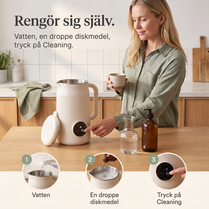 MylkBar rengör sig själv: vatten, en droppe diskmedel, tryck på Cleaning