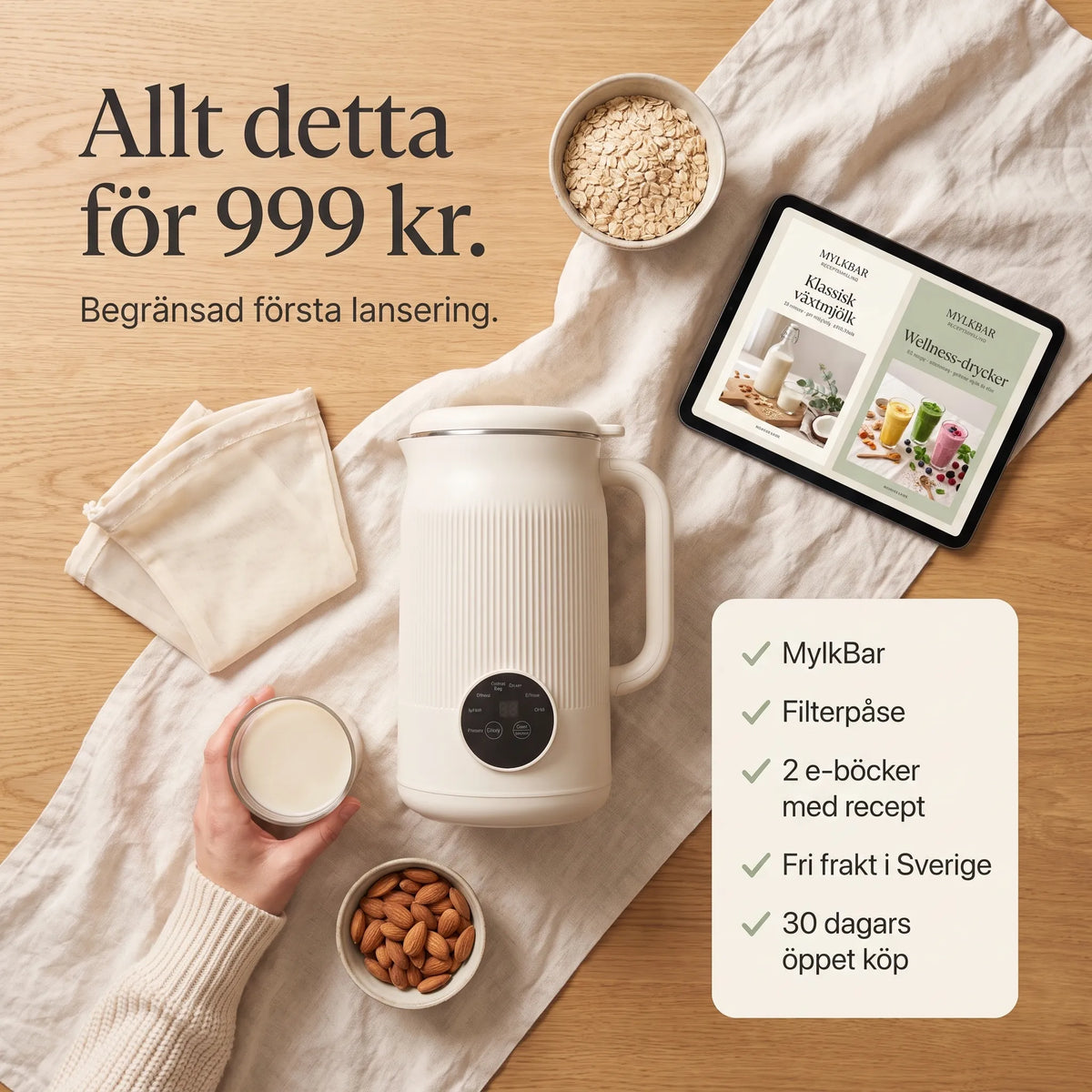Allt detta för 999 kr: MylkBar, filterpåse, 2 e-böcker, fri frakt, 30 dagars öppet köp