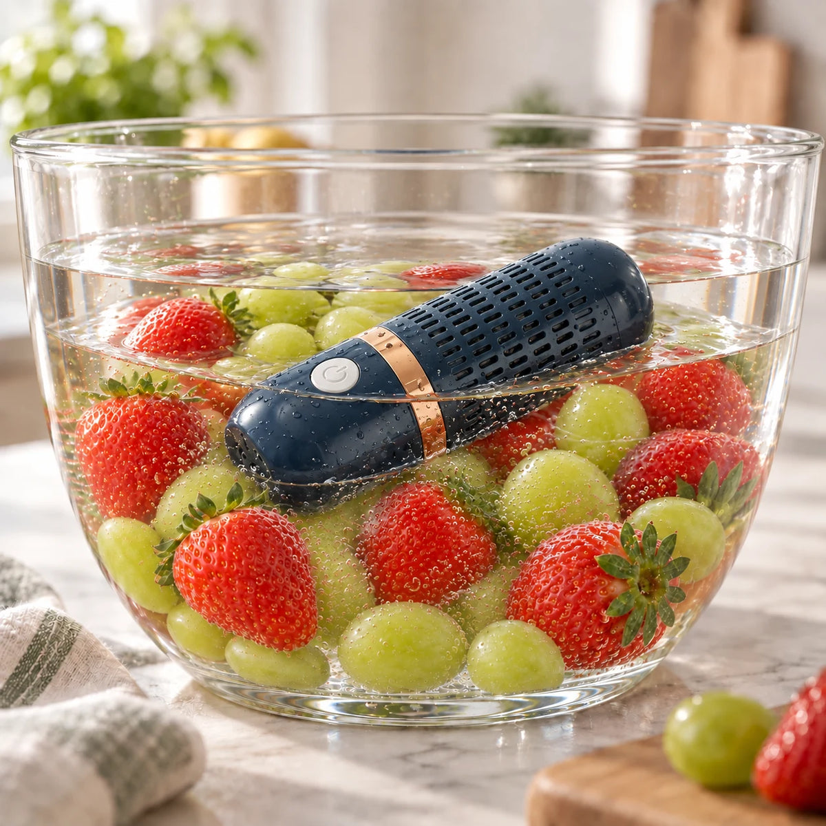 FreshBar ligger horisontellt och är lätt nedsänkt i vatten med frukt, utan laddningsbas