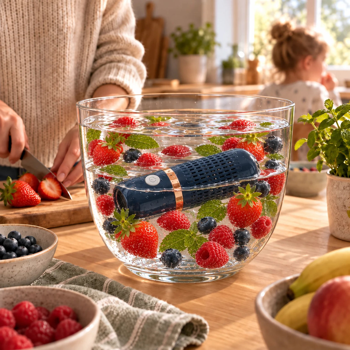 FreshBar ligger horisontellt och är lätt nedsänkt under familjens frukostförberedelser